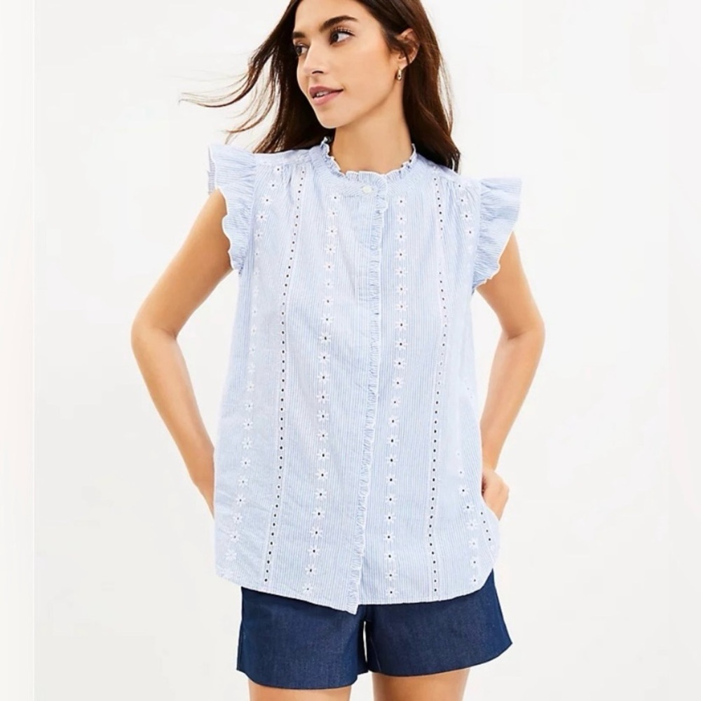 Loft Cotton Ruffle Eyelet Button Front Top Blue White Stripe